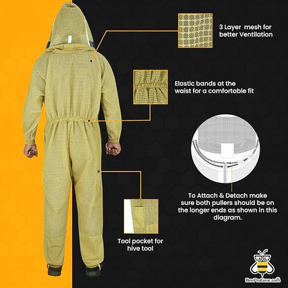 3-Layer Ultra Ventilated Mesh Beekeeping Suit for Men & Women with Veil Sting-Proof Bee Suit with Leather Gloves & Bag - color: Brown F, size: Large