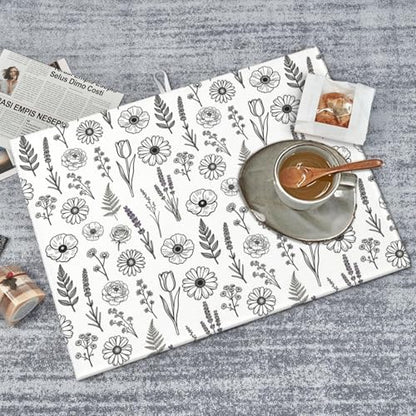 Black and White Floral Aesthetics Dish Drying Mat, for Kitchen Counter Microfiber Absorbent, Dish Draining Mat Extra Large 18"x24" - color: Black/White
