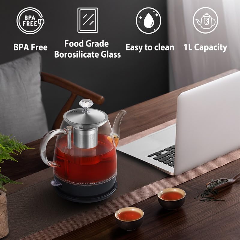 Topwit Electric Kettle Glass, For Hot Water, Tea and Coffee Dual Purpose Design, BPA-Free, 1L Pour Over Removable Stainless Steel Infuser, Auto-shut Off & Boil-dry Protect - color: Black