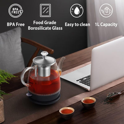 Topwit Electric Kettle Glass, For Hot Water, Tea and Coffee Dual Purpose Design, BPA-Free, 1L Pour Over Removable Stainless Steel Infuser, Auto-shut Off & Boil-dry Protect - color: Black