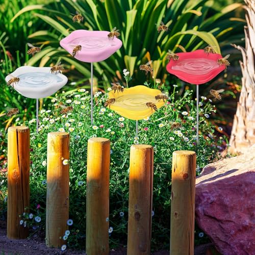 4 Pack Resin Bee Watering Station for Butterfly Garden Cups Bath Bee Feeders for Thirsty Pollinators Outdoor Garden Yard Stakes Decor Flower Design Plastic Free Attracting Glaze(Stylish) - style: Stylish