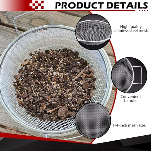 Round Soil Sifter (1/4-inch Mesh) Stainless steel with handle for 5-Gallon Bucket,Commonly Used with Soil, Sand, Gravel, and Other Media，Easy to Feel, Galvanized Without Rusting