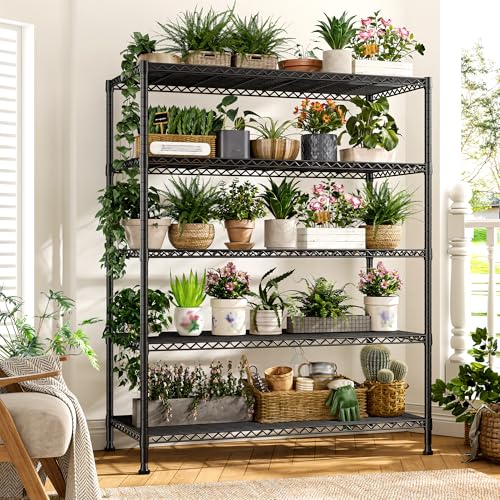 REIBII 45.8" W Storage Shelves, Heavy Duty 5-Tier Wire Shelving, Adjustable Metal Shelf for Pantry Kitchen Commercial, Tool-Free Assembly, 17.2" D x 45.8" W x 71" H, Black - size: 5 Tier, 45.8" W x 71" H x 17.2" D