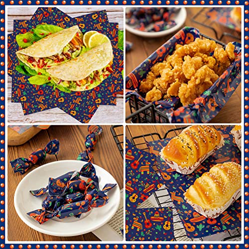 100 Pcs Fiesta Wax Paper for Food, Cinco De Mayo Wax Paper Sheets Deli Paper Sandwich Wrap Candy Wraps, Waterproof Oil-proof Picnic Basket Liners with Guitar Pattern for Kitchen Handmade Food(Blue) - color: Fiesta-blue