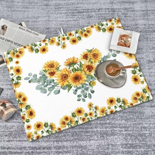 Sunflower Dish Drying Mat for Kitchen Counter 18 x 24 inch Yellow Sunflowers Dish Drainer Rack Mats with Hanging Loop Sunny Floral Wreath Dishes Drainer Pads Bright Blossoms Drying Pad - color: white yellow