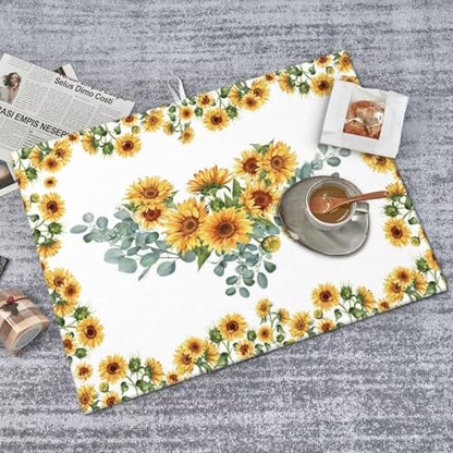 Sunflower Dish Drying Mat for Kitchen Counter 18 x 24 inch Yellow Sunflowers Dish Drainer Rack Mats with Hanging Loop Sunny Floral Wreath Dishes Drainer Pads Bright Blossoms Drying Pad - color: white yellow