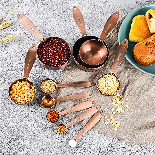 Copper measuring cups and spoons set,Includes Stainless Steel 5 Measuring Cups and 5 Measuring Spoons and Measure Ingredient Leveler and Rings（copper）