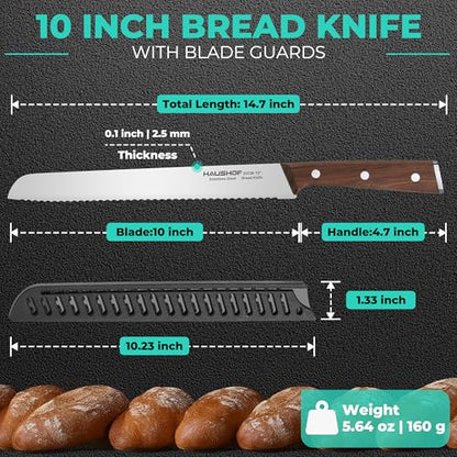 HAUSHOF Bread Knife with Sheath, 10-Inch Serrated Bread Knife for Homemade Bread, 5CR15M0V Premium Stainless Steel Bread Cutter with Gift Box for Mom Dad, Full Tang and Ergonomic Handle - size: 10 inches
