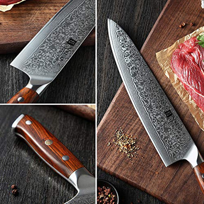 XINZUO 10 Inch Damascus Chef Knife Kitchen Knife Sharp Gyuto Knife Stainless Steel Fashion Professional Chef's Knife with Rosewood Handle - size: 10 inch Chef Knife