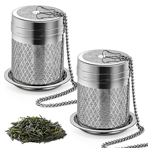 Yoassi Tea Infusers for Loose Tea, 2 Pack Extra Fine Mesh Tea Strainers, 18/8 Stainless Steel Loose Leaf Tea Steeper Tea Diffusers with Extended Chain Hook and Drip Tray - size: Barrel 2 Pack