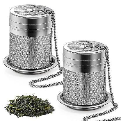 Yoassi Tea Infusers for Loose Tea, 2 Pack Extra Fine Mesh Tea Strainers, 18/8 Stainless Steel Loose Leaf Tea Steeper Tea Diffusers with Extended Chain Hook and Drip Tray - size: Barrel 2 Pack