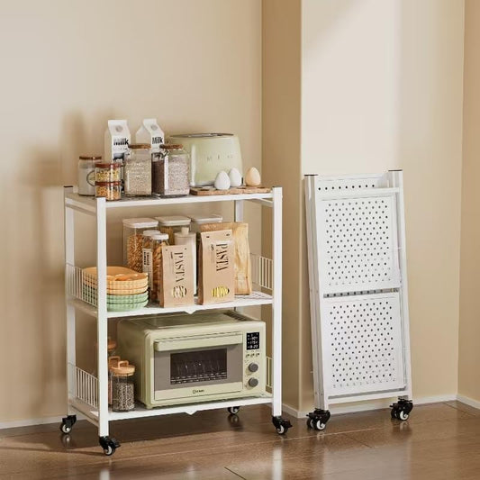 Folding Storage Shelves No Assembly, 3 Tier Foldable Shelves with Wheels, Collapsible Rolling Storage Rack for Pantry Laundry Room Small Spaces, White - color: White/3-tier
