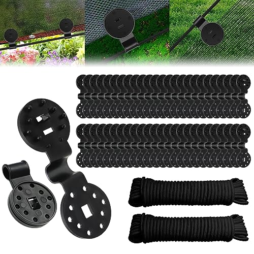 50PCS Shade Cloth Plastic Clips Heavy Duty Lock Grips with Rope, Round Plastic Black Clips Sunshade Net Fixing Clip, Shade Fabric Clips for Bird Netting, Garden Netting (50PCS+Nylon Rope) - style: 50PCS + Nylon Rope