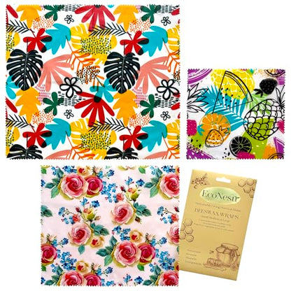Beeswax Food Wraps (3-Pack S/M/L) – Reusable & Washable Food Storage Wraps, Plastic-Free Alternative for Sandwiches, Produce & Bowls