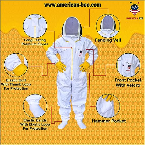 Cotton Beekeeping Suit, Full Body Beekeepers Protective Gear with Fencing Veil Hood, Elastic Cuffs & Breathable Fabric, With Two Pairs of Gloves (Small) - style: Small