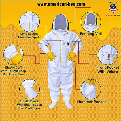 Cotton Beekeeping Suit, Full Body Beekeepers Protective Gear with Fencing Veil Hood, Elastic Cuffs & Breathable Fabric, With Two Pairs of Gloves (Small) - style: Small