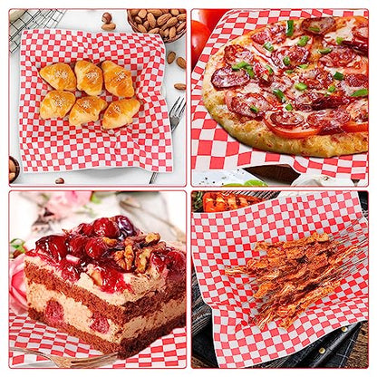 100pcs Deli Paper Sheets 12x12", Premium Food Basket Liners, Grease Resistant Wax Paper Sheets for Food, Classic Checkered Sandwich Wrapping Paper for Party, Festival and Outdoors, JIRNGLA - color: Red & White Checkered