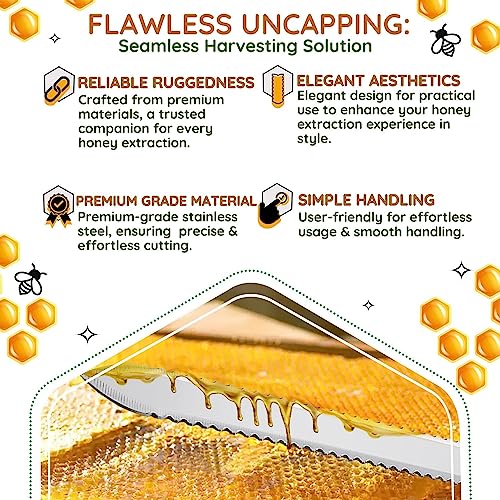 Flexzion Cold Honey Uncapping Tool - 11 Inch Serrated Uncapping Knife, Stainless Steel Honey Knife Uncapping with Ergonomic Wooden Handle, Non-Heated Honeycomb Scraper for Wax & Honey Extraction