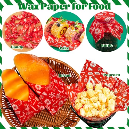 100 Pcs Christmas Wax Paper Sheets for Food, Sandwich Wrap Paper Deli Wraps, Waterproof Oil-proof Picnic Basket Liners with Snowflakes Candy Pattern for Kitchen Handmade Food(Red) - color: Red Candy