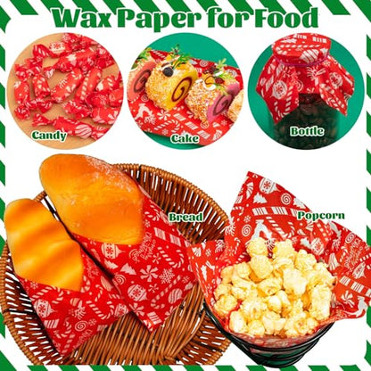 100 Pcs Christmas Wax Paper Sheets for Food, Sandwich Wrap Paper Deli Wraps, Waterproof Oil-proof Picnic Basket Liners with Snowflakes Candy Pattern for Kitchen Handmade Food(Red) - color: Red Candy