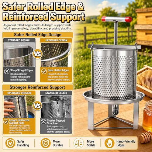 Upgrade Honey Press Machine, Honey Extractor Beekeeping Machine with Curved Hook Stainless Steel Household Manual Honeys Press Extractor Beekeeping Tool for Wine Honeys and Juice Making