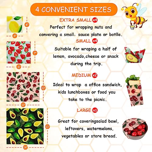 Reusable Beeswax Wrap, 11 Pack Eco-Friendly Beeswax Wraps For Food, Organic, Sustainable, Biodegradable, Zero Waste, Plastic-Free Food Storage, 1L Avocado, 2M Cherry, 4S Strawberry, 4XS Lemon Patterns