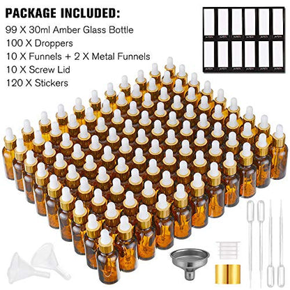 PrettyCare Glass Eye Dropper Bottles 99 Pack, 1oz (30ml) Amber Empty Thick Bottles Bulk with Leakproof Golden Caps - With Labels & Funnels for for Storage, Travel,Essential Oils, DIY Serums - color: 1oz Amber, style: 99 Pack
