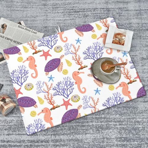 Purple Beach Sea Turtle Dish Drying Mat For Kitchen Counter, Super Absorbent Microfiber Dish Drying Pad, Kitchen Gadgets For Easy Clean Multi-Use Large 18"x24" - color: Purple Beach Sea Turtle