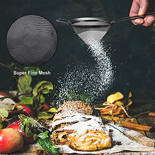 Black Small Strainer Set of 2, E-far 3.3 Inches Stainless Steel Fine Mesh Sieve with Long Handle, Metal Conical Strainers for Tea Cocktail Coffee Food, Rust Proof & Easy to Clean - color: Black-2