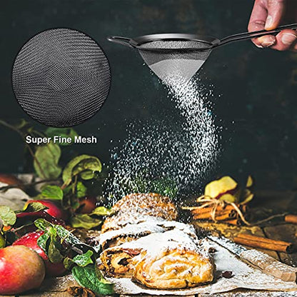 Black Small Strainer Set of 2, E-far 3.3 Inches Stainless Steel Fine Mesh Sieve with Long Handle, Metal Conical Strainers for Tea Cocktail Coffee Food, Rust Proof & Easy to Clean - color: Black-2