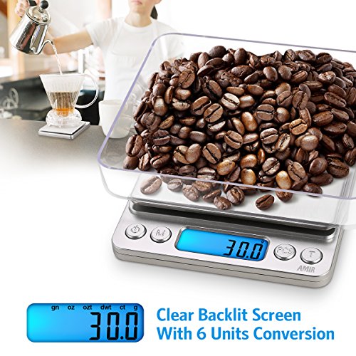 AMIR Digital Kitchen Scale, 3000g 0.01oz/ 0.1g Pocket Coffee Scale, Mini Food Scale, Pro Electronic Jewelry Scale with Back-Lit LCD Display, Tare & PCS Functions, Stainless Steel, Batteries Included - color: Sliver