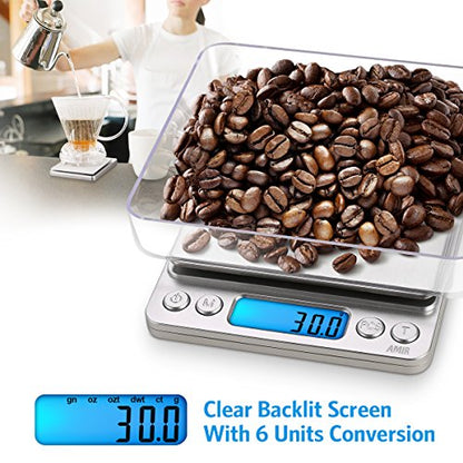 AMIR Digital Kitchen Scale, 3000g 0.01oz/ 0.1g Pocket Coffee Scale, Mini Food Scale, Pro Electronic Jewelry Scale with Back-Lit LCD Display, Tare & PCS Functions, Stainless Steel, Batteries Included - color: Sliver
