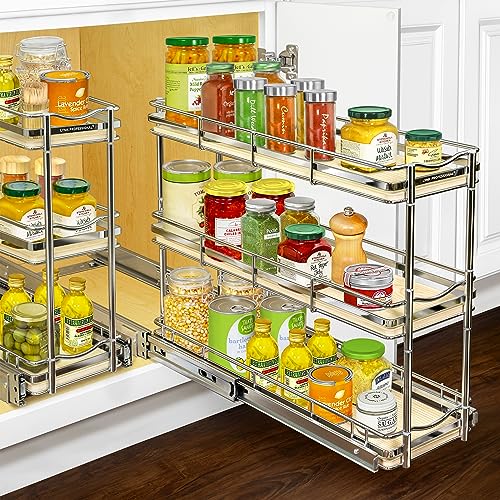 LYNK PROFESSIONAL® Élite™ Pull Out Spice Rack Organizer for Inside Kitchen Cabinets - 6" x 21" - Slide Out Drawer – Wood/Chrome Sliding Spice Organization for cabinet - Spice Racks - 6 Tier - color: Wood, size: 6" x 21" - 3 Tier