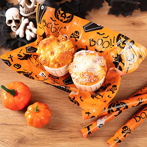 100 Pcs Wax Paper for Food, Halloween Wax Paper Sheets Sandwich Wrap Paper Deli Wraps, Waterproof Oil-proof Picnic Basket Liners with Pumpkin Ghost Hat Pattern for Kitchen Handmade Food - color: Pumpkin