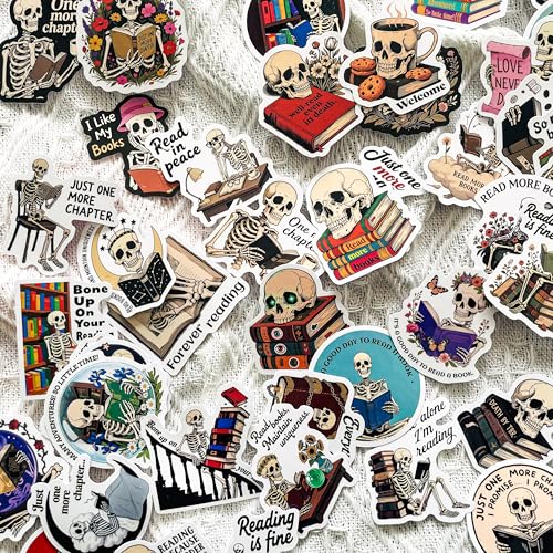 56PCS Gothic Skeleton Bookish Stickers – Funny Reading Quotes Vinyl Decals for Book Lovers, eBook Reader, Journal, Laptop, Scrapbook, Planner, Kindle, Water Bottles - color: Skeleton Reading
