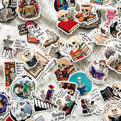 56PCS Gothic Skeleton Bookish Stickers – Funny Reading Quotes Vinyl Decals for Book Lovers, eBook Reader, Journal, Laptop, Scrapbook, Planner, Kindle, Water Bottles - color: Skeleton Reading