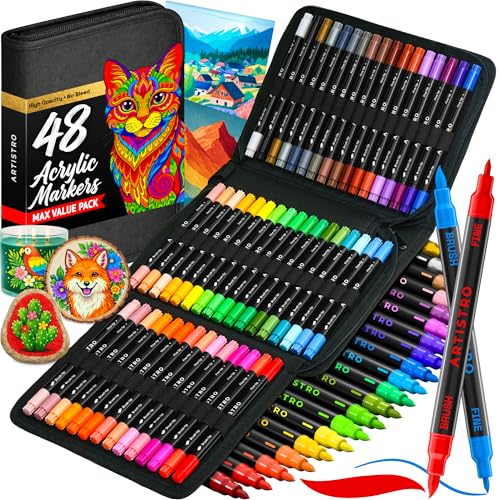 ARTISTRO Acrylic Paint Pens With Storage Bag for Calligraphy - Markers With Brush and Fine Precision Tips - Multisurface Painting for Fabric, Rock, Glass, and More - size: 48