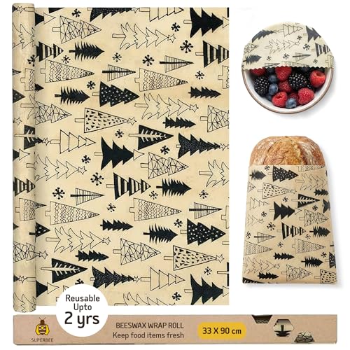 SUPERBEE Reusable Beeswax Wraps for Food – XL Beeswax Wrap Roll (35x13"), Bees Wrap Paper for Wrapping Cheese, Veggies, Sandwiches & Bowl Covers, Festive Holiday Print, Sustainable Gift Idea - color: Christmas Trees