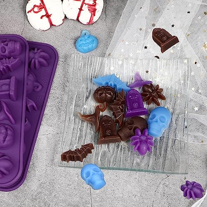 Webake Halloween Candy Chocolate Molds 3D, 18-Cavity Halloween Silicone Molds Shaped with Skull Pumpkin Witch Hat Bat Spider Tombstone for Baking Chocolate Jelly Gummy Dessert (2 PACK) - style: Halloween