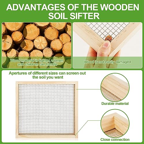 Mifoci 2 Pcs Soil Sifter Dirt Sifter for Gardening Light Wooden Rock Sifter 12.6 x 11.4 in Compost Sifter with 2 Sieve Mesh 1/4" and 1/2" Screen Sifter for Gardening Rock Sifter Soil Dirt Rock Compost