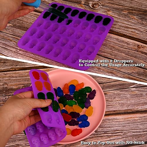 Sakolla 2 Pack Gummy Skull Candy Silicone Molds 40 Cavity Silicone Skull Molds with 2 Droppers for Halloween Chocolate, Candy,Jelly, Wax Melt, Dog Treats, Ice Cube - color: Mini Skull 40 Cavity/Purple&Orange