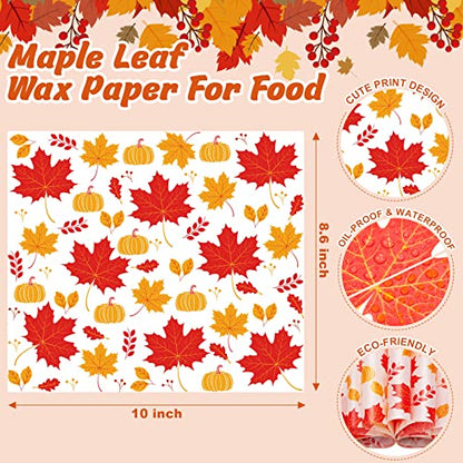 100 Pcs Thanksgiving Day Wax Paper Food Wraps - Sandwich Wrap Paper Deli Wraps, Waterproof Oil-proof Picnic Basket Liners with Maple Leaf Pattern for Kitchen Handmade Food - color: Maple Leaf