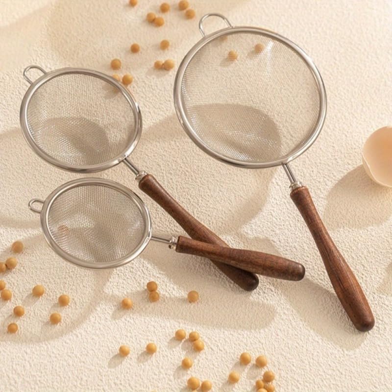 3 Pack Stainless Steel Fine Mesh Strainer Set, 304-Grade Kitchen Sieve with Wooden Handle for Tea, Baking, Cooking - Small Medium Large
