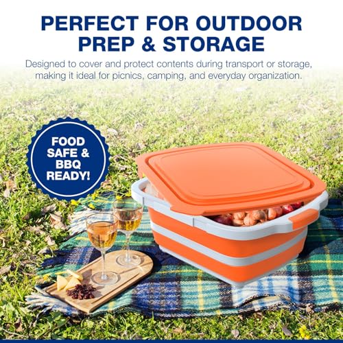 2-Pack XL Collapsible BBQ Prep Tub with Built-In Cutting Board, Lid & Strainer – Marinate, Drain & Prep – Large Food-Safe Container – Perfect for Grilling, Smoking & Outdoor Cooking - color: Orange