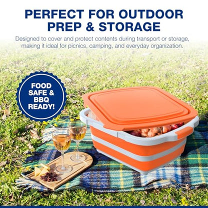 2-Pack XL Collapsible BBQ Prep Tub with Built-In Cutting Board, Lid & Strainer – Marinate, Drain & Prep – Large Food-Safe Container – Perfect for Grilling, Smoking & Outdoor Cooking - color: Orange