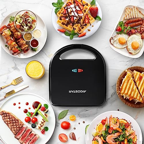 Aigostar Sandwich Maker Panini Press Grill, 3 in 1 Waffle Maker with Removable Non-stick Plates, Electric Grilled Cheese Maker, Portable Cool Touch Handle, Led Indicator Lights & Easy to Clean, 750W - color: Black
