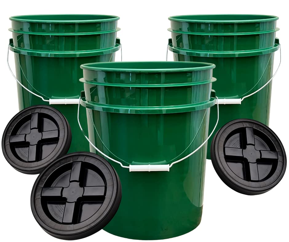 House Naturals 5 Gallon Buckets pails with Screw on Airtight Black Lids - Food Grade - BPA Free -(Pack of 3) Made in USA