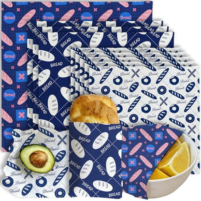 Reusable Beeswax Wraps, Blue & White Bread Bakery Wraps, 9 Pack Eco-Friendly Food Covers, Organic, Sustainable, Zero Waste, Plastic-Free, For Sandwich, Snack, Bowl, 1XL, 3M, 5S - color: Blue Bread