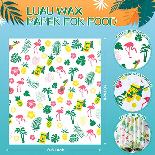 100 Pcs Hawaii Luau Wax Paper for Food, Waterproof Oil-proof Picnic Basket Liners with Leaf Pattern, 8.6 x 9.8 inches - color: Luau