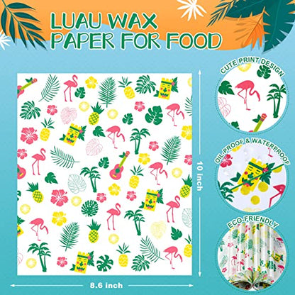 100 Pcs Hawaii Luau Wax Paper for Food, Waterproof Oil-proof Picnic Basket Liners with Leaf Pattern, 8.6 x 9.8 inches - color: Luau